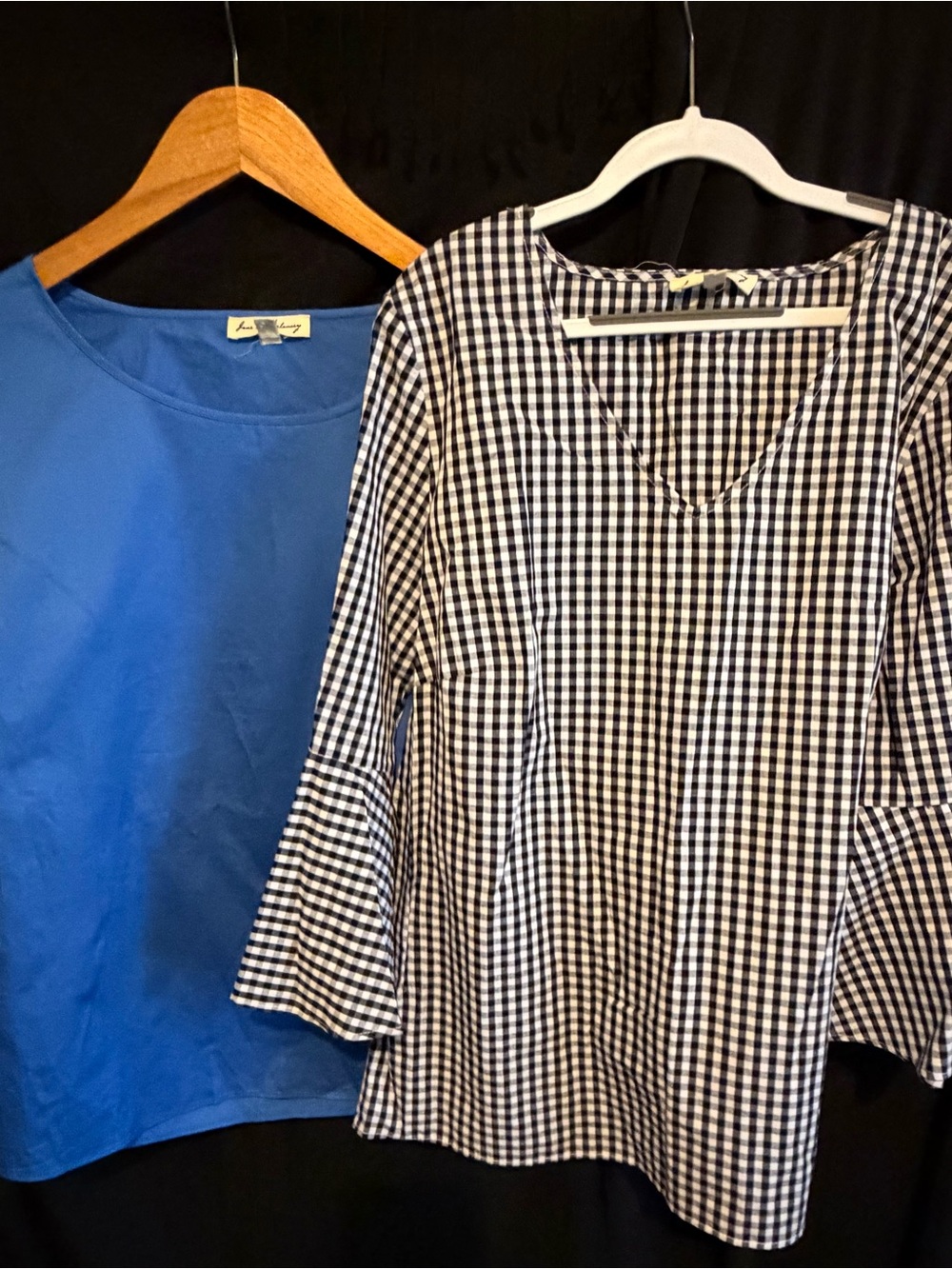 Jane and Delancey Blue Tee & Black and White Gingham V-Neck Blouse
